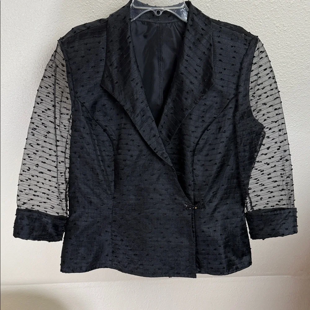 Jewel BLACK FLOCKED TAFFETA BLOUSE w/long sheer sleeves in blazer-style. No Tags
